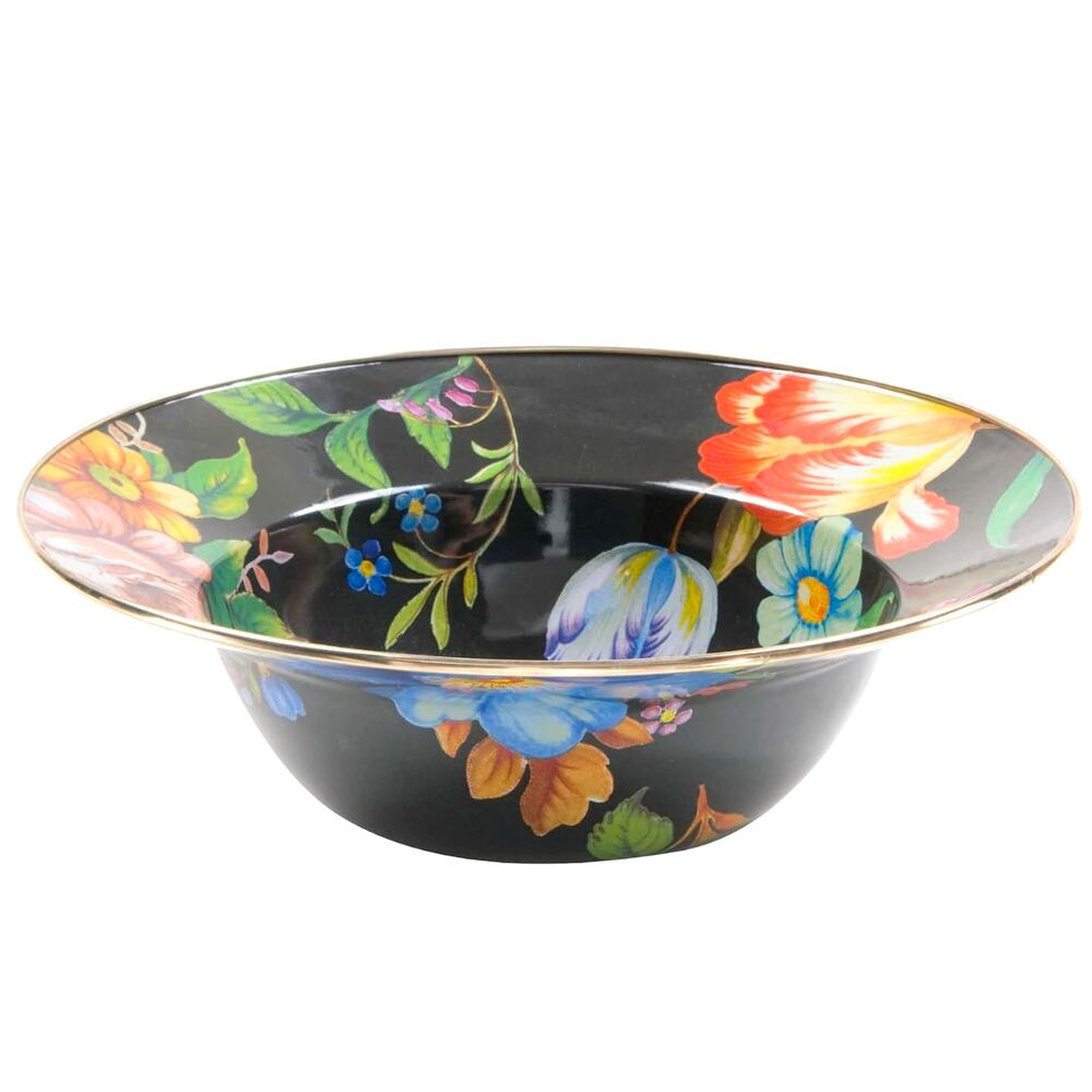 MacKenzie-Childs Black Flower Market 12in Enamel Serving Bowl NEW